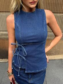 Forever 21 Women's Sleeveless Tie Waist Denim Crop Top - Blue - View 5