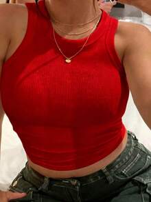 INAWLY Women's Casual Ribbed Knit Cropped Tank Top, Minimalist Solid Color, Suitable For Daily Commute In Summer - Red - View 1