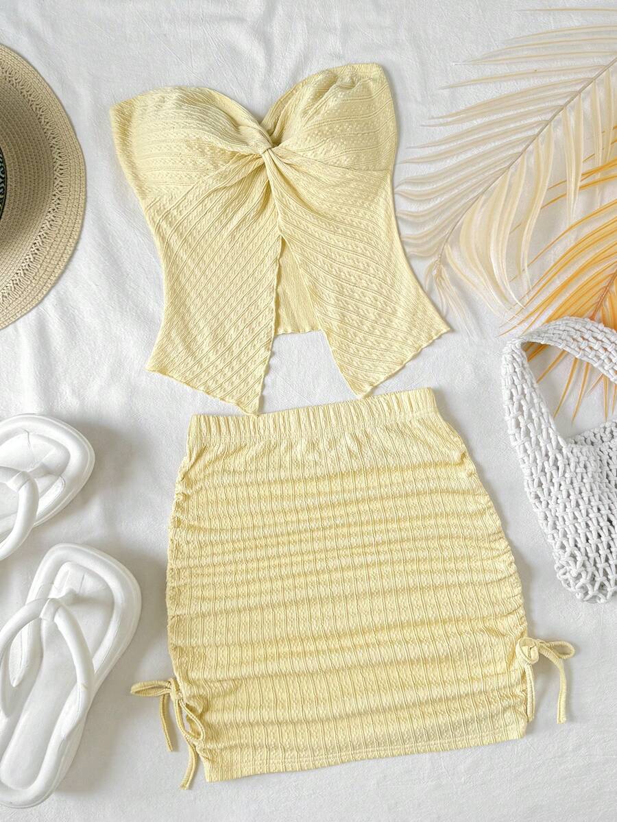 SHEIN Tween Girl Casual Everyday Matching Comfortable Asymmetrical Hem Top And Skirt Set - Yellow - View 1