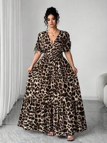 SHEIN PETITE CURVE Plus Size & Petite Women's V-Neck Gathered Waist Flared Leopard Print Elegant Dress - Brown - View 8