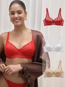 3pcs Minimalist Women Wired Bras, Lace Sexy Lingerie, French Romantic Bra - Multicolor - View 1
