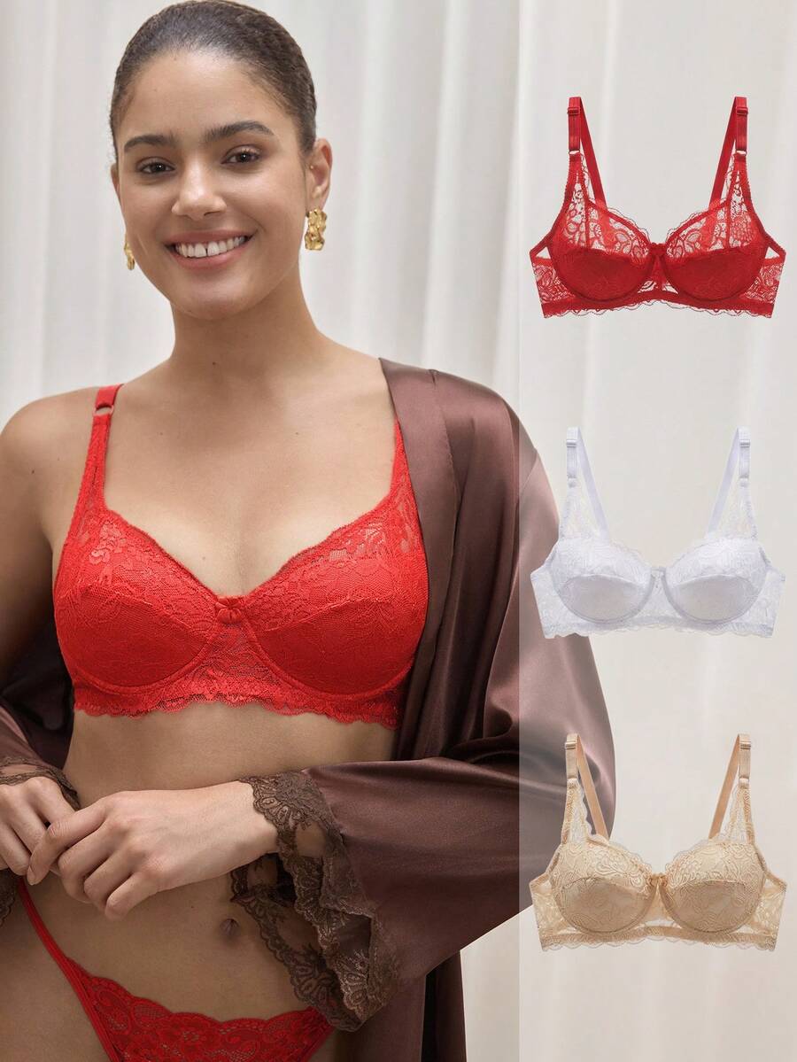 3pcs Minimalist Women Wired Bras, Lace Sexy Lingerie, French Romantic Bra - Multicolor - View 1