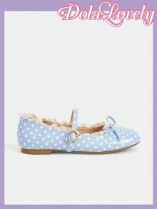 Dola Lovely 女士浅蓝色波点蕾丝圆头搭扣蝴蝶结平底鞋，甜美百搭的洛丽塔风格玛丽珍鞋 - 淡藍色波點 - 查看 2