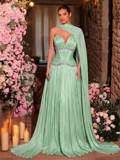 Glamrae Đầm dự tiệc dáng chữ A thanh lịch, lãng mạn, được làm thủ công từ vải organza, với các chi tiết xếp ly và đính đá lấp lánh, màu xanh lá cây, thích hợp làm đầm dự tiệc cưới hoặc đầm dạ hội trang trọng.