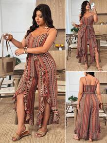 Weeklong Plus Size Women's Printed Spaghetti Strap Ruffle Hem Jumpsuit, Casual Vacation Outfit - Yellow - View 1