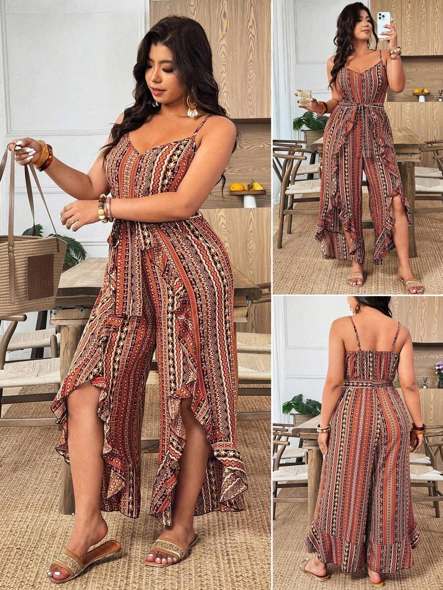 Weeklong Plus Size Women's Printed Spaghetti Strap Ruffle Hem Jumpsuit, Casual Vacation Outfit - Yellow - View 1