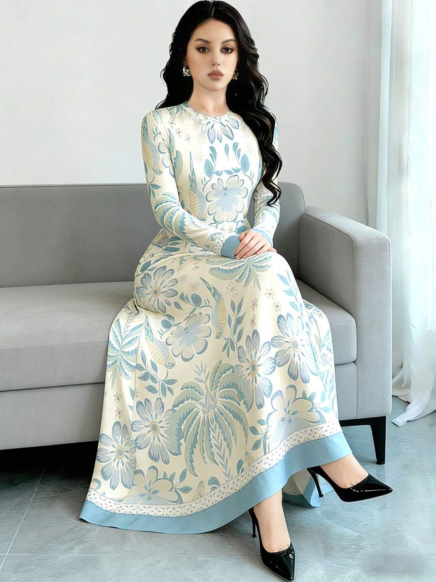 Modelyn 椰子树、鹦鹉碎花时尚圆领长袖连衣裙,春季A字腰线设计女士长款碎花连衣裙,适合日常、假日和度假穿着 - 彩色 - 查看 1
