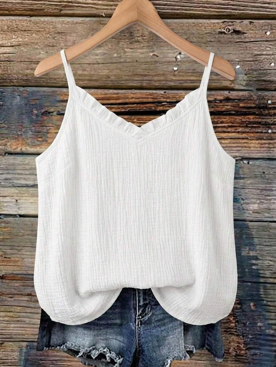 SHEIN VCAY Plus Size Bohemian Ruched Textured Cami Top, V-Neck Loose Floral Lace Trim Cami Top, Versatile Lightweight Summer Cami Top - White - View 1