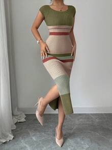 Elenzga Women's Spring/Summer New U-Neck Fitted Mid-Length Hem Slit Half Sleeve Elegant High-End Knit Dress, Striped Design, Versatile Lady Style - Multicolor - View 3