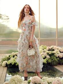MOTF Soiréza ELEGANT WOMEN'S OFF-SHOULDER MAXI PARTY GOWN IN WHITE BASE WITH SOFT PURPLE, ORANGE & PINK RANDOM FLORAL PATTERNS ACCENTED BY GREEN FOLIAGE - White - View 9