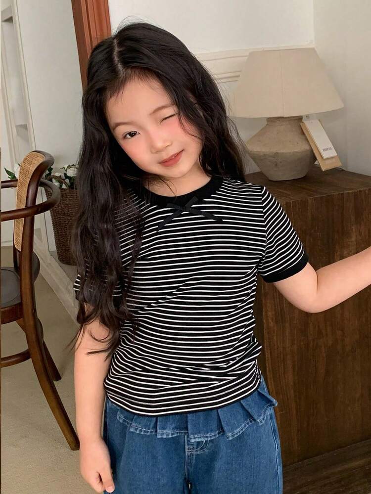 Young Girls Round Neck Striped Short Sleeve Casual T-Shirt, Fall