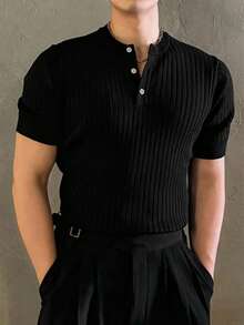 DAZY Black Short Sleeve Solid Button-Up Collar Knit Top For Men Summer - Black - View 6