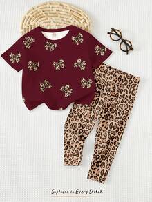 Baby Girl Casual Minimalist Round Neck Loose Short Sleeve T-Shirt And Leggings Set, Suitable For Spring/Summer - White - View 4