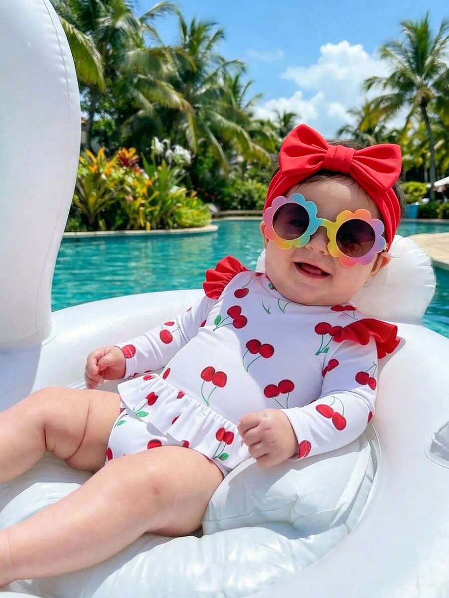 Baby Girl Cherry Print Ruffled One-Piece Swimsuit With Headband - Multicolor - View 1