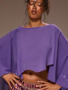 MUSERA Áo kiểu cape ngắn cổ thuyền bằng chiffon dệt họa tiết, thích hợp cho mùa xuân hè, kỳ nghỉ, buổi tối hoặc những dịp đặc biệt, phong cách Golden Sands. - Màu tím  Violet - Xem 2