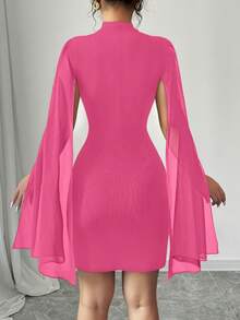 Selianne Đầm ôm sát ngắn với cổ đứng và áo choàng, màu trơn - Màu Hồng Tươi - Xem 2
