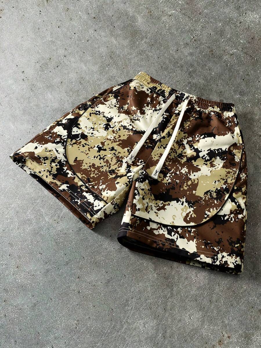 PAVTROS Men's Summer Fashionable Street Casual Commute Camouflage Print Drawstring Waist Loose Sports Shorts - Khaki - View 1
