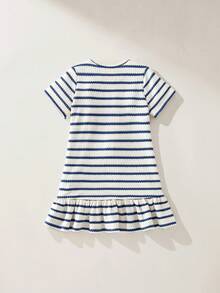 Maija Kids Maija Kids 女童可愛櫻桃裝飾針織藍白條紋短袖圓領洋裝，夏季仙女公主風亮片校園休閒度假風 - 藍白色 - 查看 4