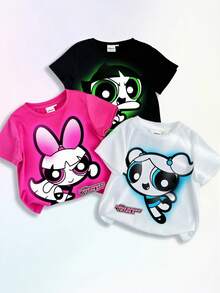 THE POWERPUFF GIRLS X SHEIN Maija Kids 1 chiếc áo thun bé gái họa tiết hoạt hình, thích hợp mặc mùa hè. - Nhiều màu - Xem 1
