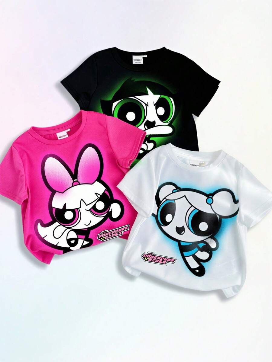 THE POWERPUFF GIRLS X SHEIN Maija Kids 1 chiếc áo thun bé gái họa tiết hoạt hình, thích hợp mặc mùa hè. - Nhiều màu - Xem 1