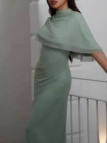 Criza Taa Elegant Minimalist Commuter Fashion Elastic Waist Design Multilayer Ruffle Waist Ruffle Flattering Long Dress, Suitable For Work, Date, Vacation - Green - View 6