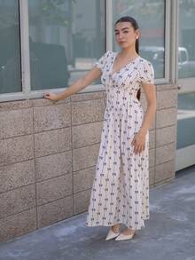 Andrea Bello 优雅女士夏季优雅松紧腰泡泡袖女士长裙、长裙。适合春夏季、演唱会女装，优雅适合日常通勤、音乐节、节日穿着 - 杏色 - 查看 6