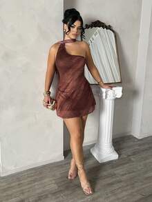 Dayanna Comas Damen Batik-Ärmellos Plissee Sexy Mode Mini-Kleid - Kaffeebraun - Übersicht 4