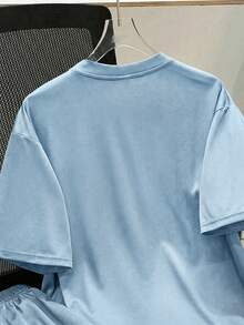 SHEIN 2件套休闲街头字母印花圆领宽松短袖T恤和针织短裤套装，适合青少年男孩 - 淺藍色 - 查看 6