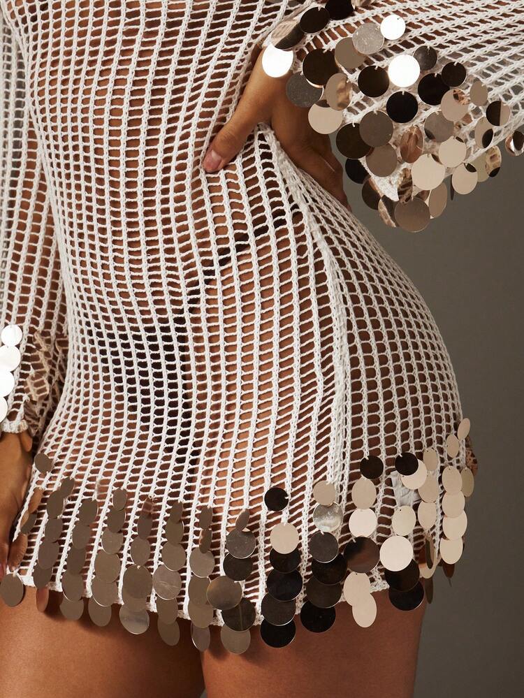 MISSGUIDED Sequin Embellished Fishnet Crochet Mini Dress Long Bell Sleeves Metallic Disc Details For Party Occasions