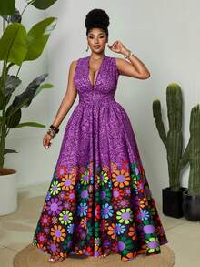 Maweii Plus Size Women's Purple Summer Boho Vacation Holiday Multicolor Print Front Keyhole Shirred Backless Criss-Cross Strap Loose Fit Maxi Dress,Beach - Multicolor - View 4