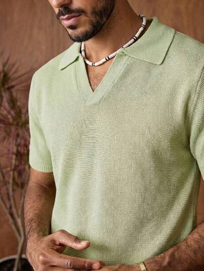 HIMLAND Áo polo cổ chữ V dệt kim kiểu cổ điển, áo thun ngắn tay nam nhẹ, thời trang mùa hè, đa năng, cao cấp.