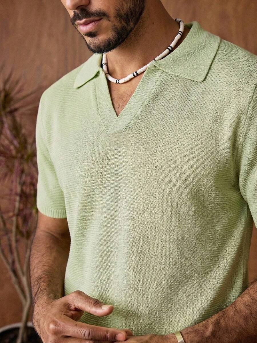 HIMLAND 复古风针织V领Polo衫，男士短袖轻薄夏季时尚百搭优质T恤