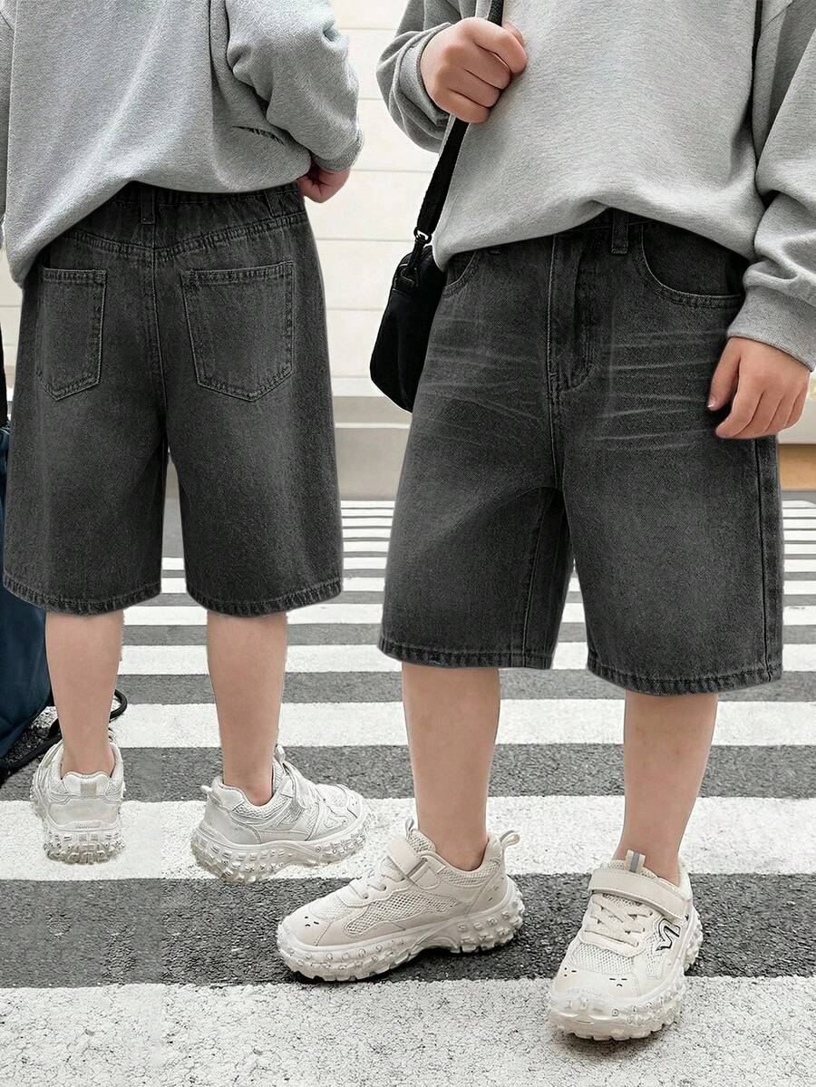 Tween Boys' Summer Casual Washed Slant Pocket Denim Shorts - Black - View 1