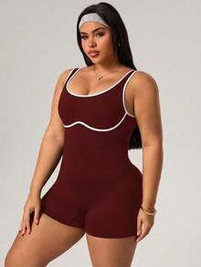 SHEIN Dewbera Plus Size Women Patchwork Color Casual Everyday Wear Sports Romper - Burgundy - View 6