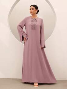 Graceveil Women's Solid Color Embroidered Twist Long Sleeve Dress, Elegant Holiday Shades Of Pink Autumn - Purple - View 4