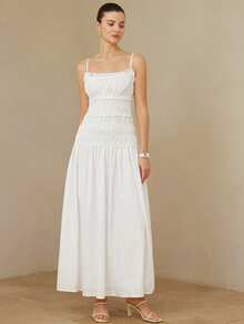 BELROSIE French Minimalist White Cottage Core Spaghetti Strap Dress, Summer Vacation Holiday Elegant Sleeveless Fitted Waist Ruched Layered Pleated Loose Hem - White - View 5