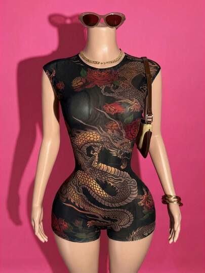 Slaydiva 2025夏季新款休闲街头音乐节购物性感露背图案女士网纱紧身连体裤，街头、派对、旅行、毕业装、早午餐装、返校装、性感、辣妹瑜伽连体裤运动紧身衣女士背心上衣女士泳衣收腹女士两件套泳衣