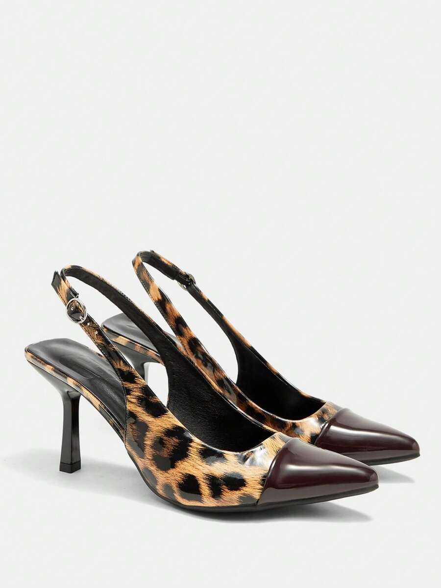 CUCCOO CURVES Giày nữ mũi nhọn, họa tiết da báo, thiết kế khóa cài, đa năng, thời trang hàng ngày, phom rộng, cao gót. - Cà phê báo - Xem 1