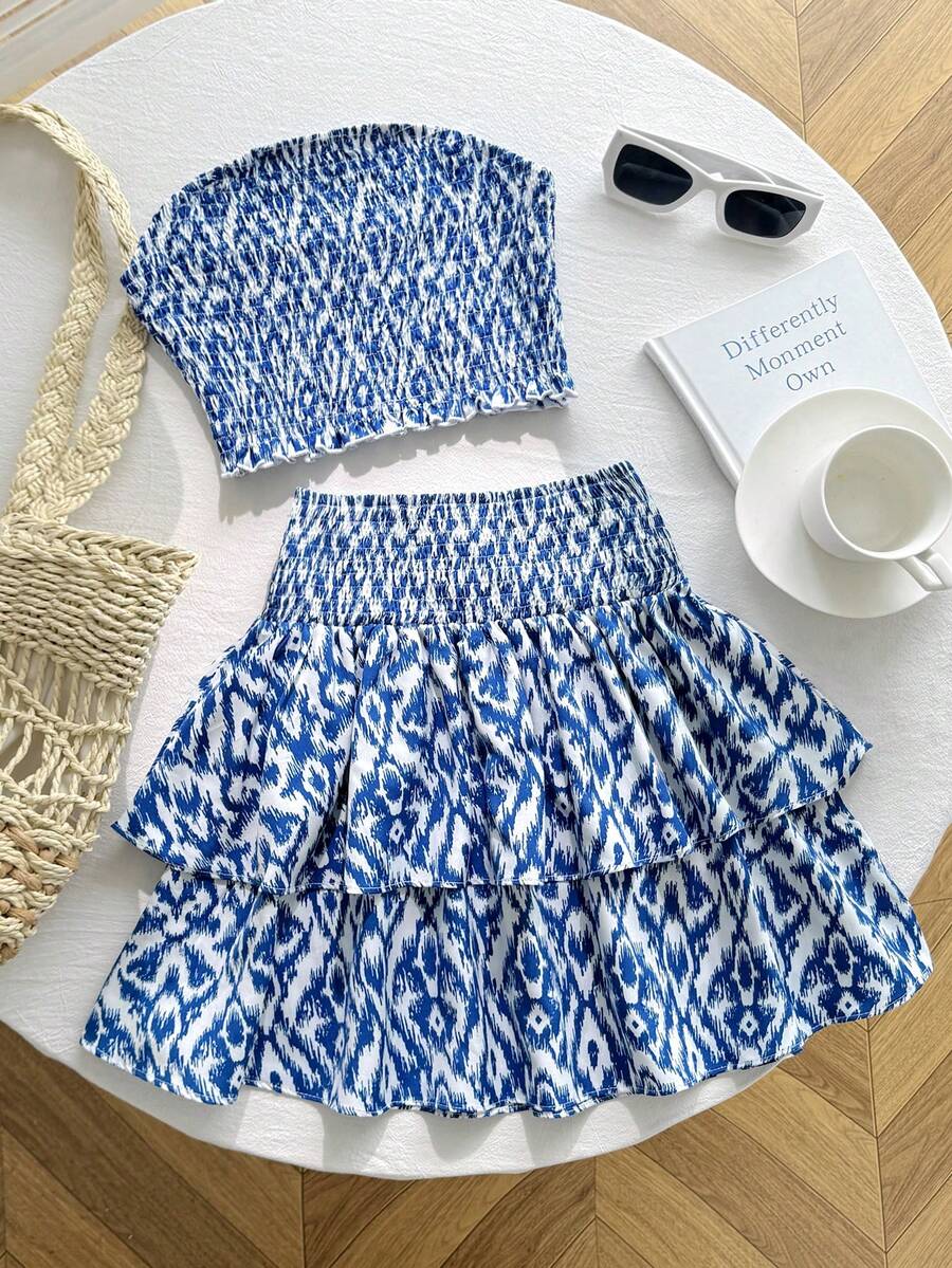 Tween Girls' Casual Everyday Comfortable Tie-Dye Print Camisole Top And Skater Skirt Set - Blue - View 1