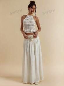 SHEIN BAE Cream-White Crochet Drawstring Waist Loose Casual Skirt, Suitable For Beach, Leisure, Outing, Spring/Summer - Apricot - View 6