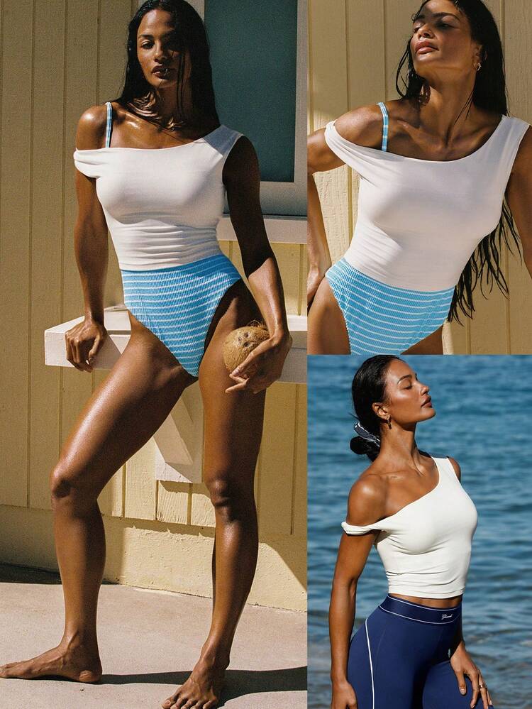 FeatherFit™ Sun-Soaked Buttery-Soft Sweat-Wicking Waist Length Padded Off-The-Shoulder One-Shoulder Twisted Side Cropped Top Holiday Vacation Summer Daily Casual Wear
