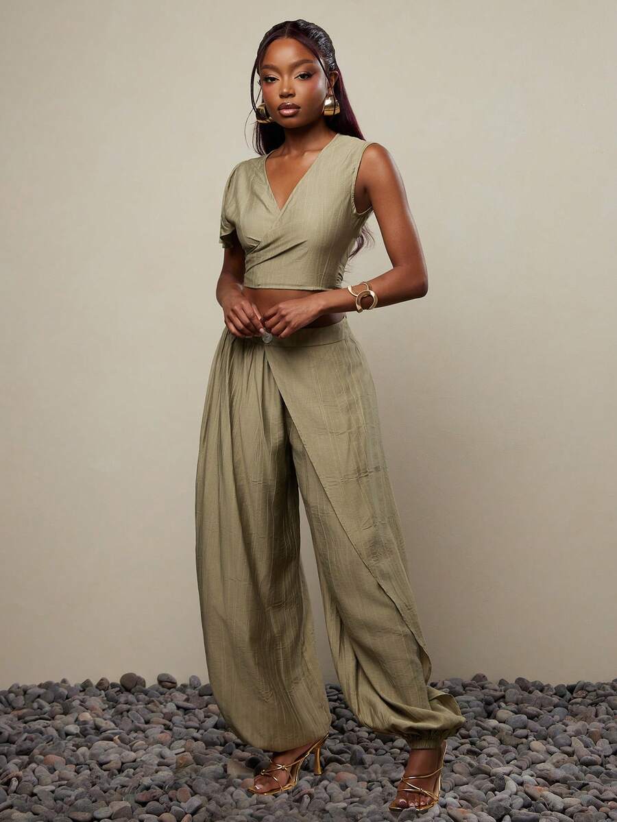 NYA SZN Calça Jogger Feminina de Perna Larga Assimétrica e Solta em Cor Sólida - Verde - Visão 1