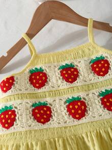 SHEIN Girls Cute Summer Butter Yellow Crochet Strawberry Lace Trim Spaghetti Strap Tank Top And Elastic Waist Textured Wide Leg Pants Set,Vacation,Holiday - Yellow - View 6
