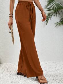 SHEIN Tall Women's Khaki Casual Vacation Style Elastic Waist Drawstring Straight Leg Pants - Brown - View 5