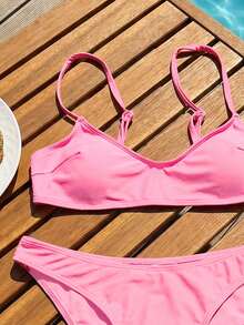 SHEIN Swim 2件套女士时尚可爱度假性感沙滩/泳池/派对纯色可调节细肩带超细比基尼上衣和下装泳衣套装 - 粉色 - 查看 4