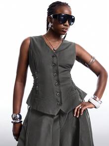 SHEIN EZwear Plus Size Summer Side Tie Strap Single-Breasted Vest - Grey - View 3