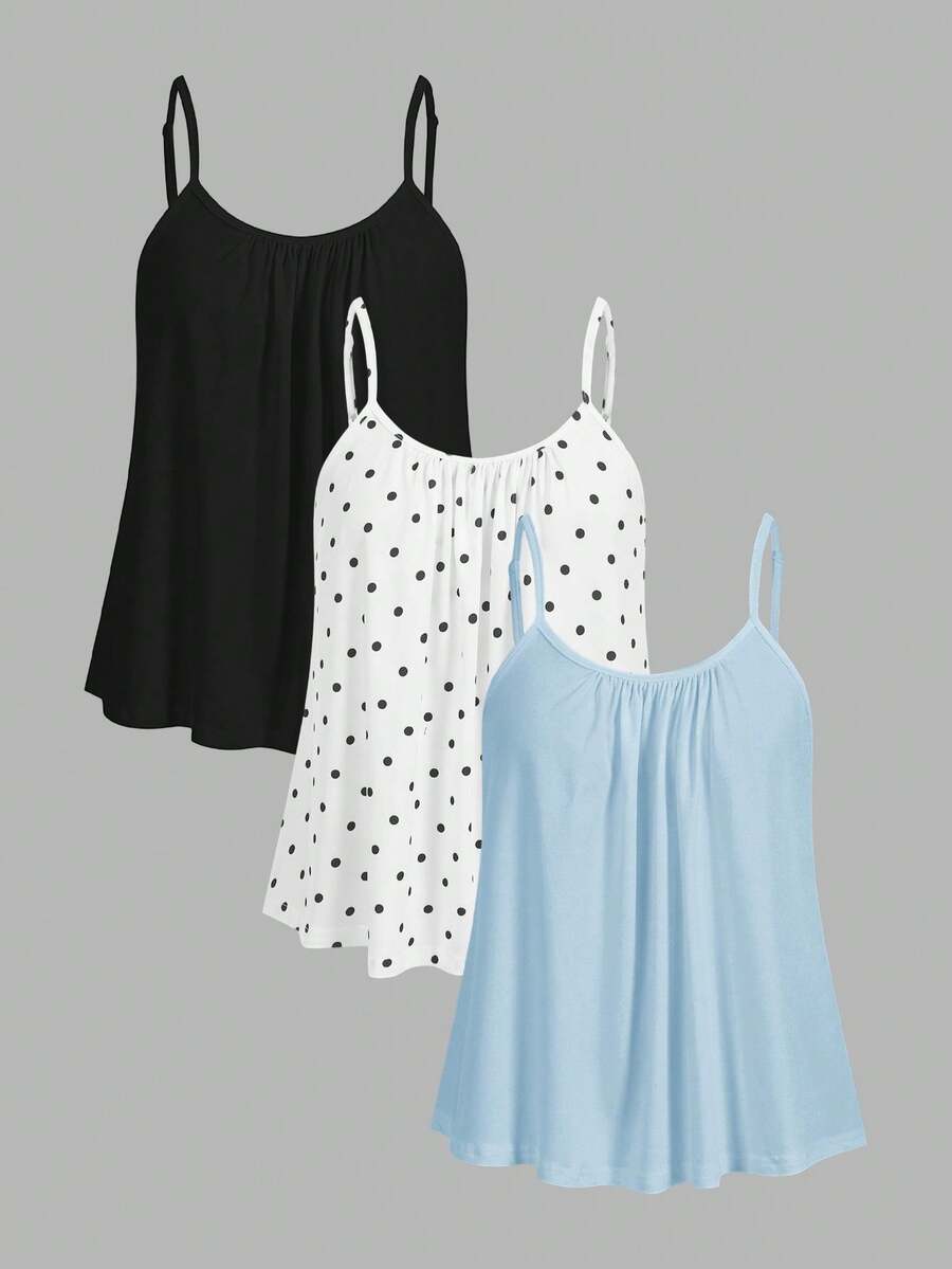 SHEIN EZwear 3件装女士可调节肩带褶皱宽松吊带背心,适合春夏穿着,黑色波点和浅蓝色 - 彩色 - 查看 1
