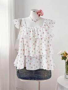 Sweetra Áo kiểu mùa hè tay ngắn cổ vuông họa tiết hoa nhí xếp lớp viền bèo nhún, chất liệu chiffon nhẹ nhàng. - Màu be - Xem 2