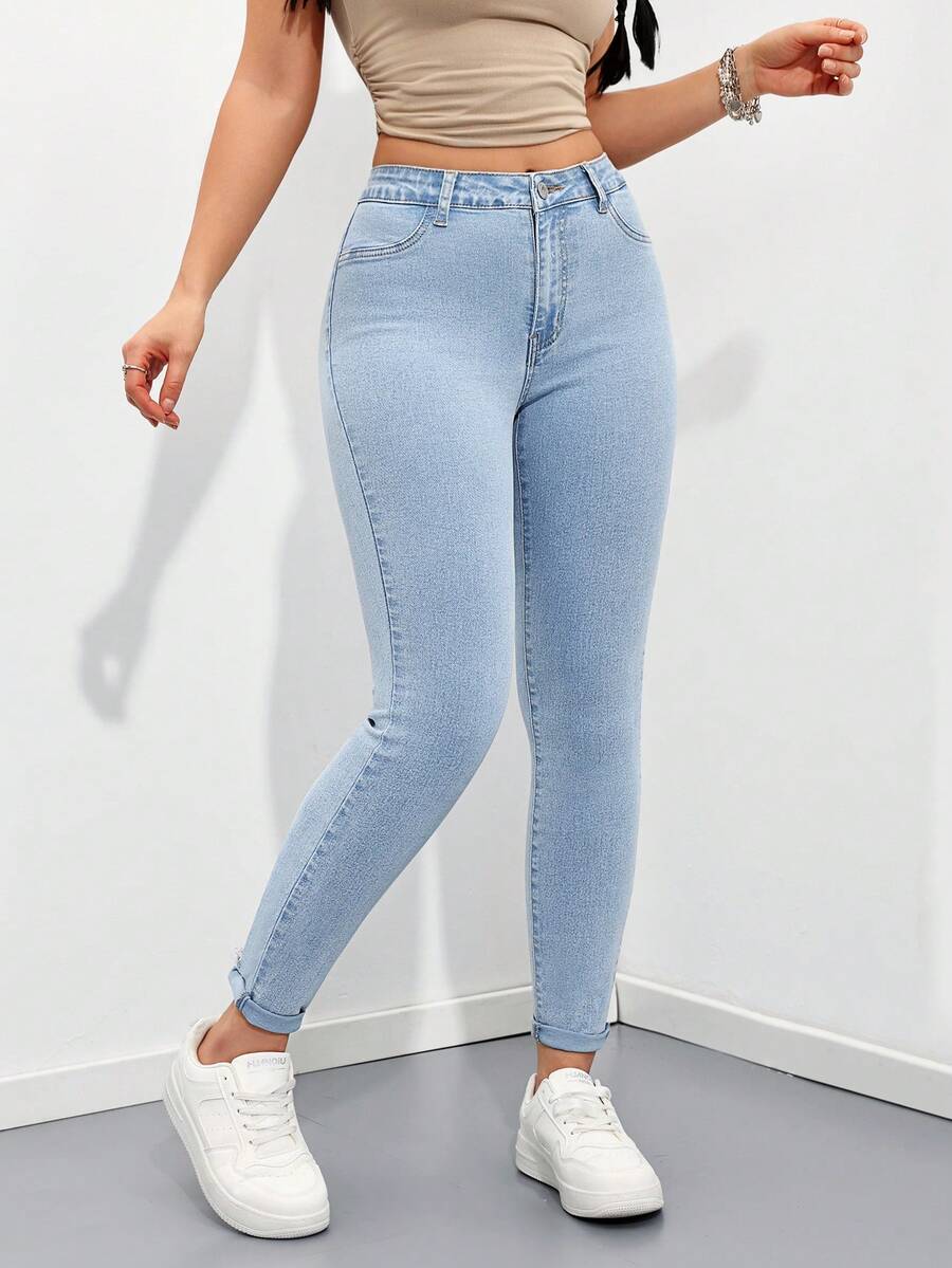 Rivivi Light Blue Casual Belted Slim-Fit Everyday Jeans Summer - Blue and White - View 1