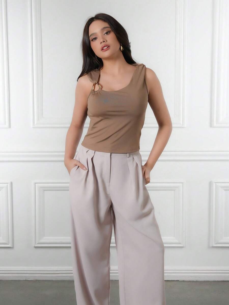 Criza Taa 2pcs/Set Asymmetric Collar Fitted T-Shirt, Versatile Casual Top, Spring/Summer - Multicolor - View 1